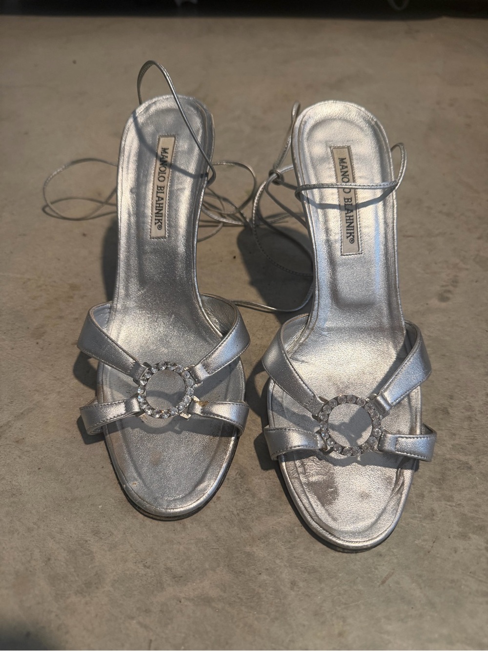 Manolo Blahnik Silver Crystal-Ring Strappy Heels